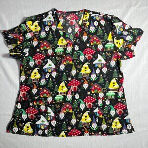 Performance Womens Scrubs Top Snowmen Gnome Christmas Tree Winter V-Neck Size 2X